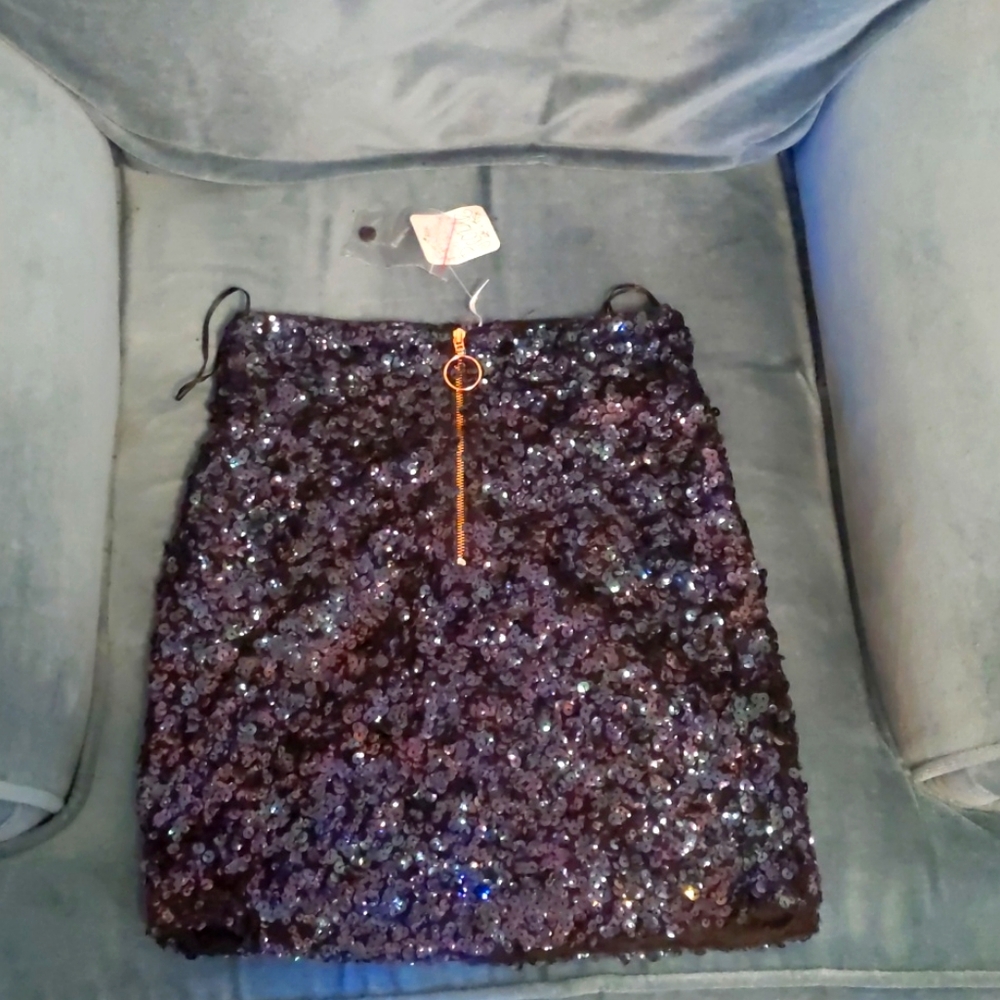 purple chrome sequin mini skirt
